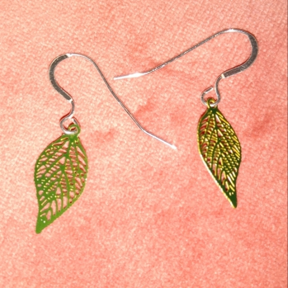 Solid 925 REAL Sterling Silver Wires Lemon Lime Green Leaves Leaf Earrings New